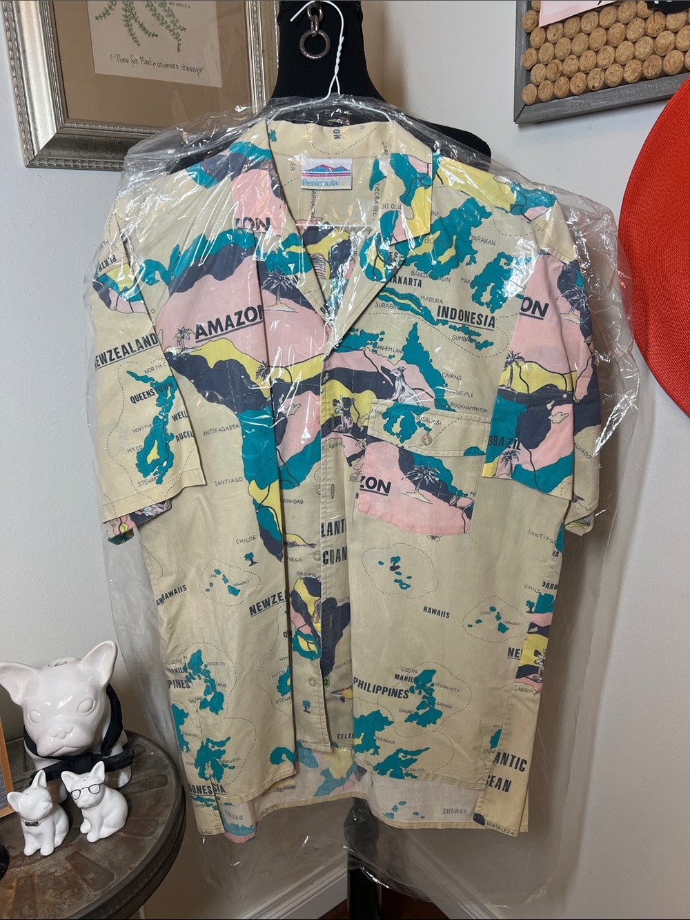 Vintage Map Print Button-Up Camp Shirt in Teal, Pink & Yellow Sz.L